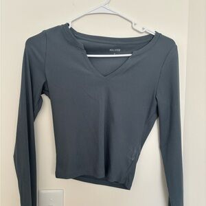Hollister Women's Blue V-neck Long Sleeve Ribbed Top